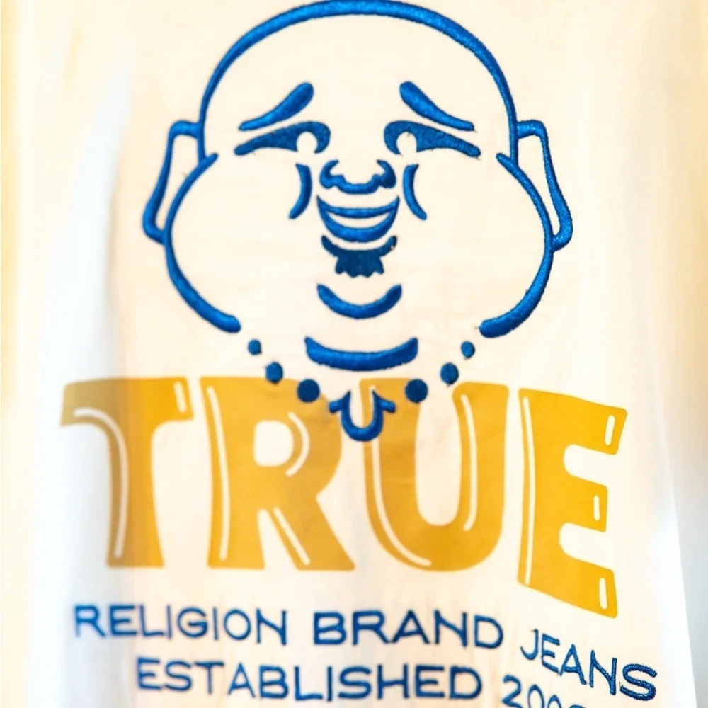 True Religion White Tee with Blue and Gold Graphic
